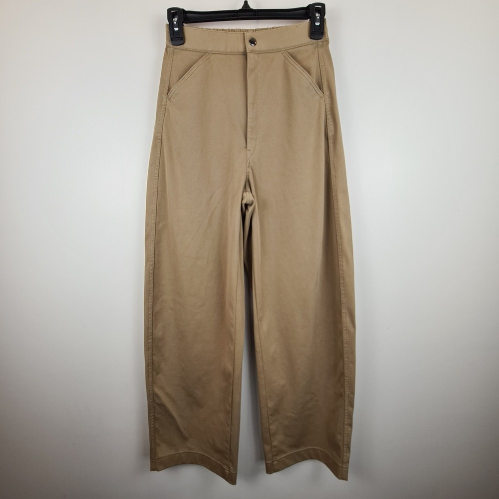 Uniqlo Womens XS Wide Leg High Rise Barrel Silhouette Pants Khaki Cotton Twil